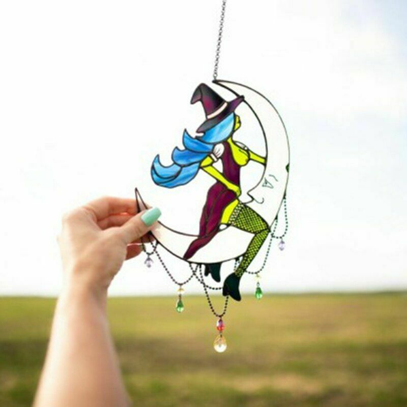 Witch on Moon Decor Stained Suncatcher Window Hangings Outdoor Wall Art Home