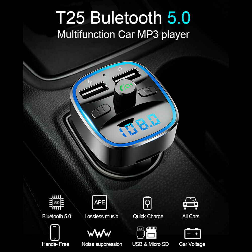 T25 Car Bluetooth 5.0 FM Transmitter Smart MP3 Player Fast Charging USB Charger
