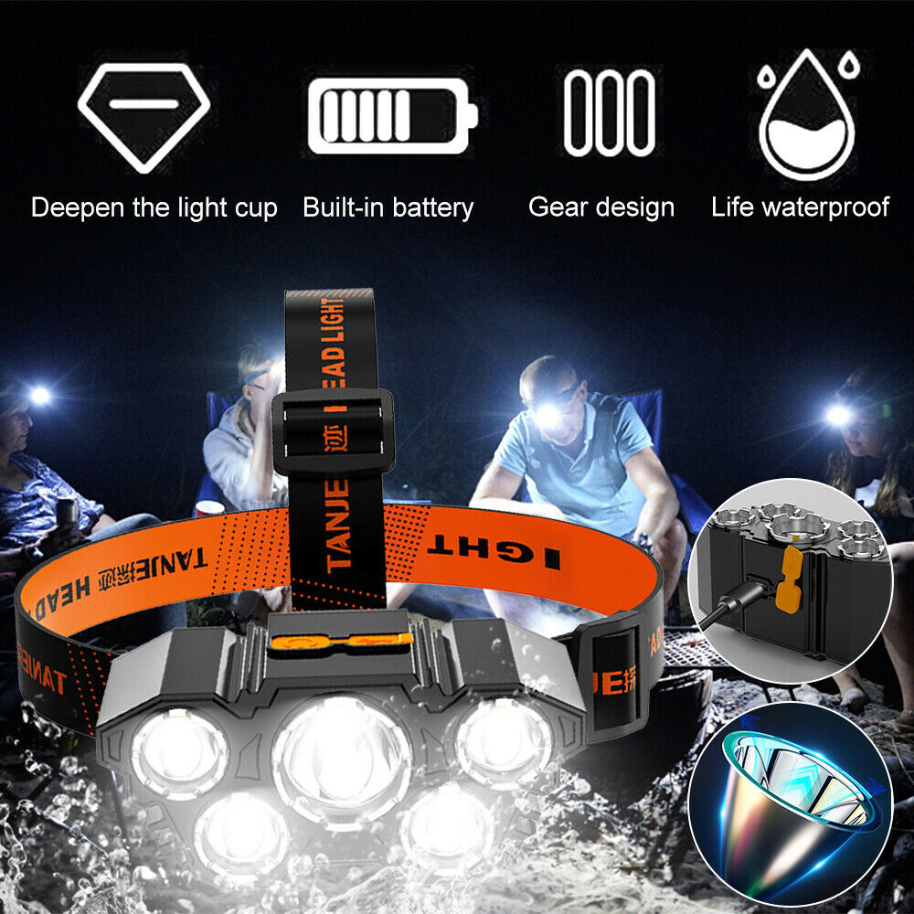 LED Head Torch Waterproof Headlight Headlamp Camping Lamp USB Rechargeable