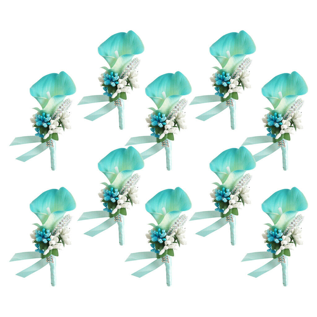 10Pcs Flowers Boutonniere Set Wrist Corsage Wristband, Groom Groomsman
