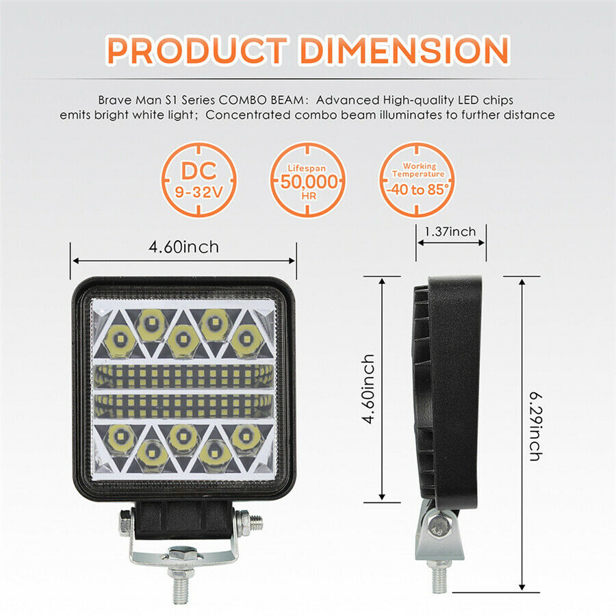 4.6" Square 170W 17000LM Car Offroad LED Work Light Combo Beam Driving Fog Lamp