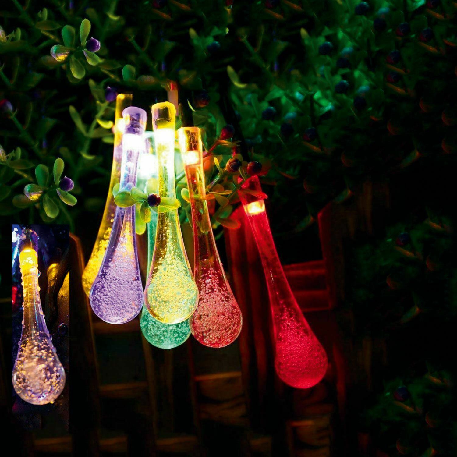 20 LED Raindrop Teardrop Bulb Solar Power String Fairy Lights for Outdoor Garden