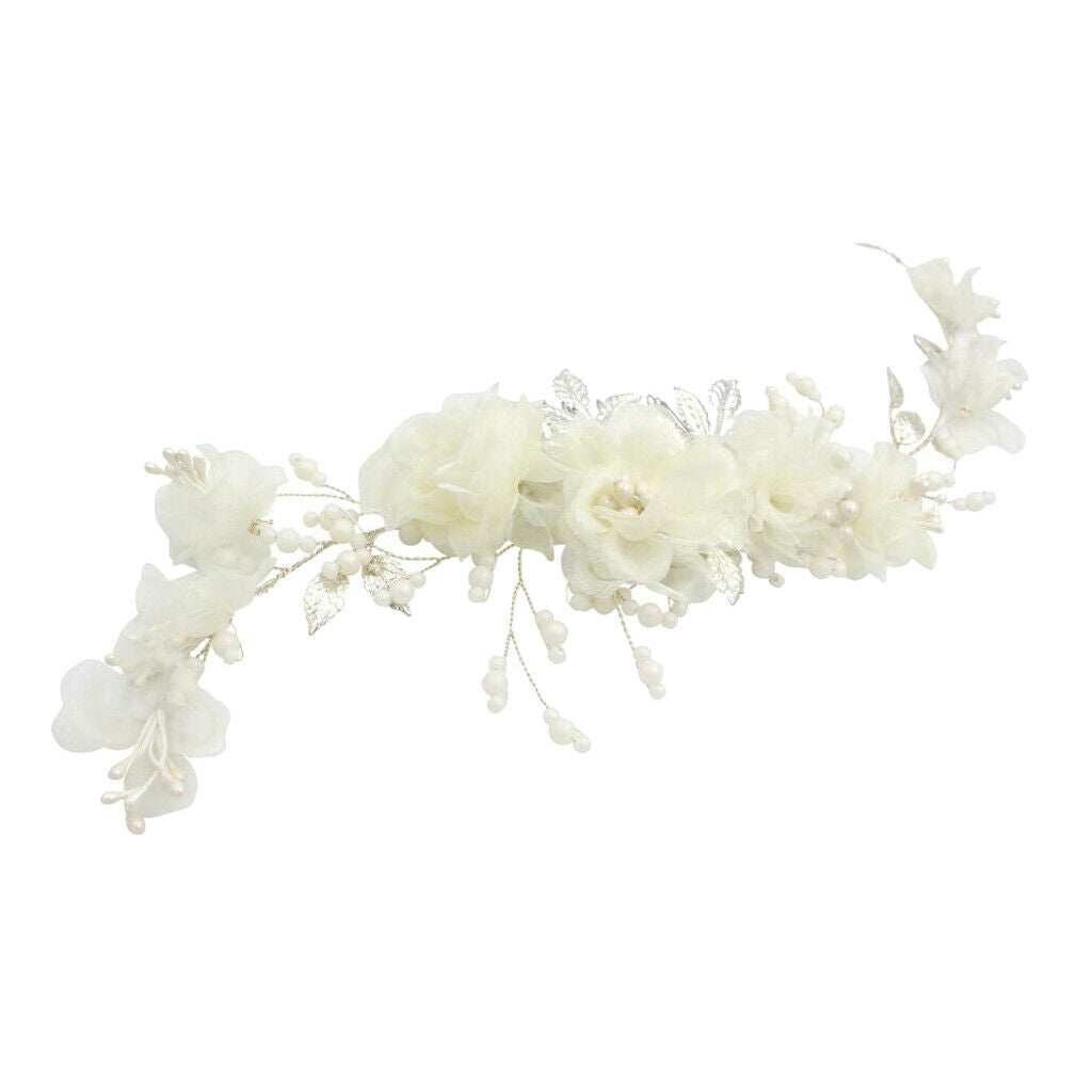 Handmade Chiffon Flowers Tiara Bride Pearls Headdress Hair Comb Headpieces