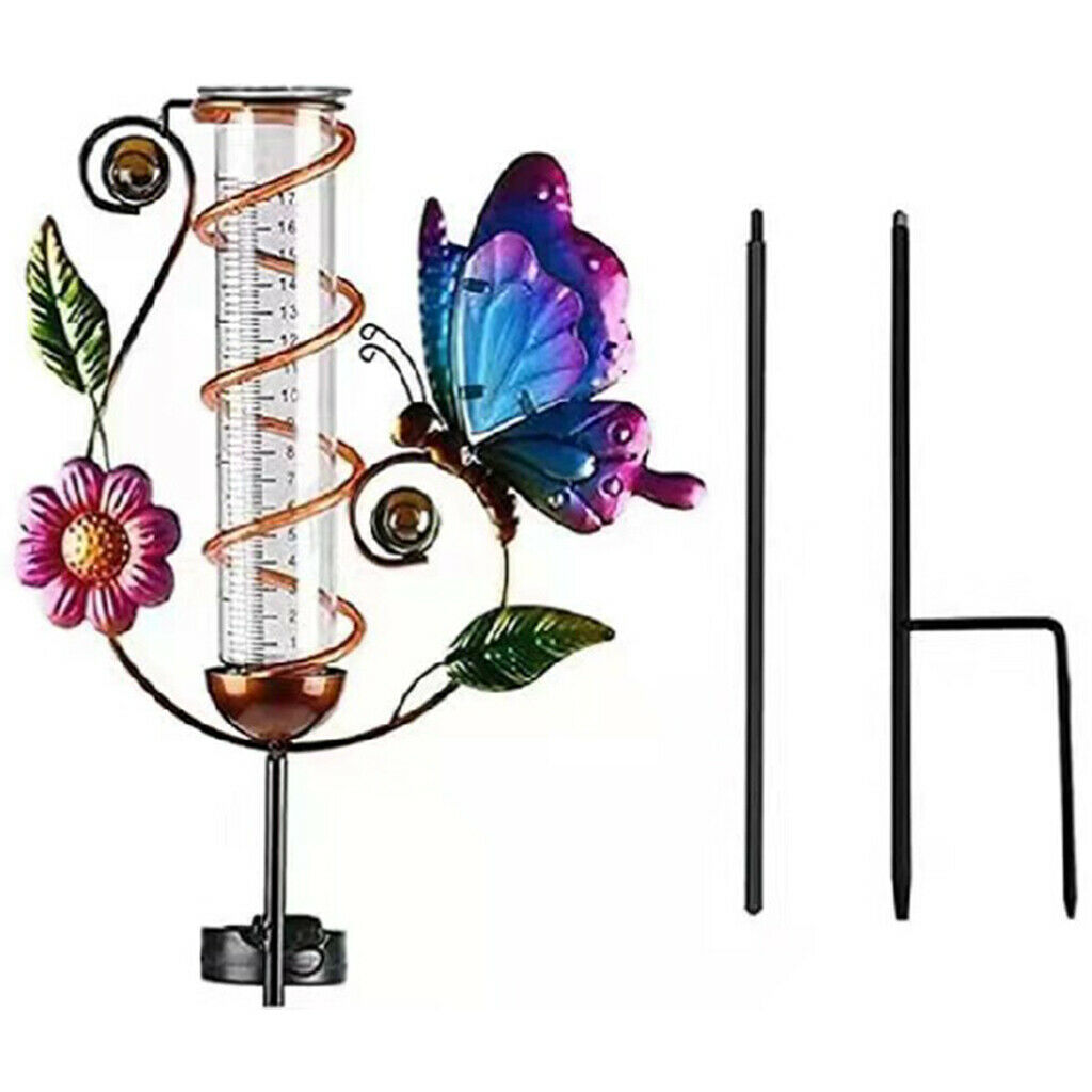 Rain Gauge Butterfly Garden Stakes Decor Glow in Dark Metal Yard Art Outdoor