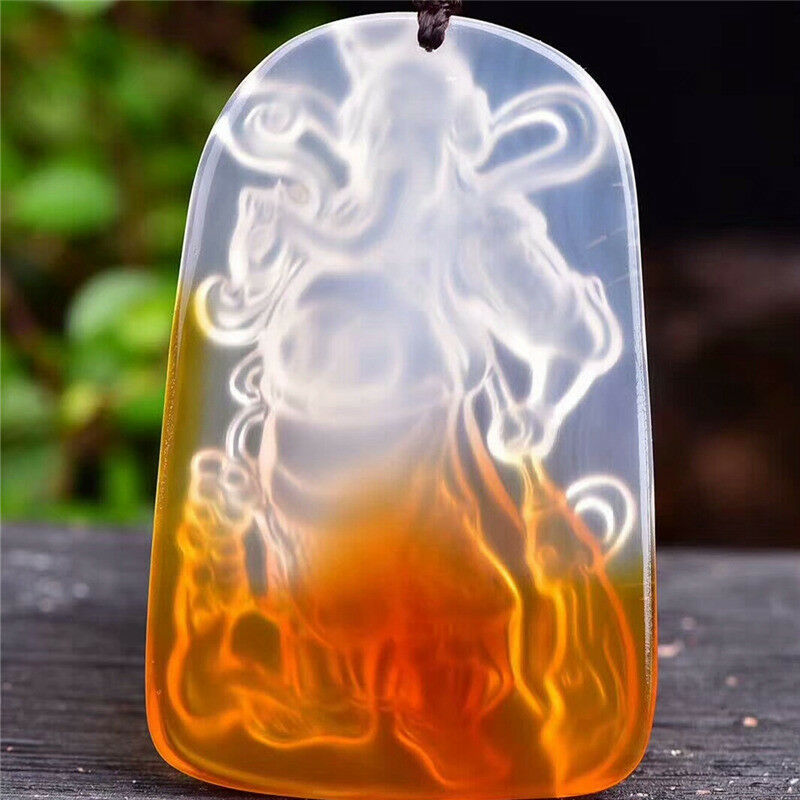 Beautiful China Natural White/Yellow Agate Chalcedony GuanYu Hand-Carved Pendant