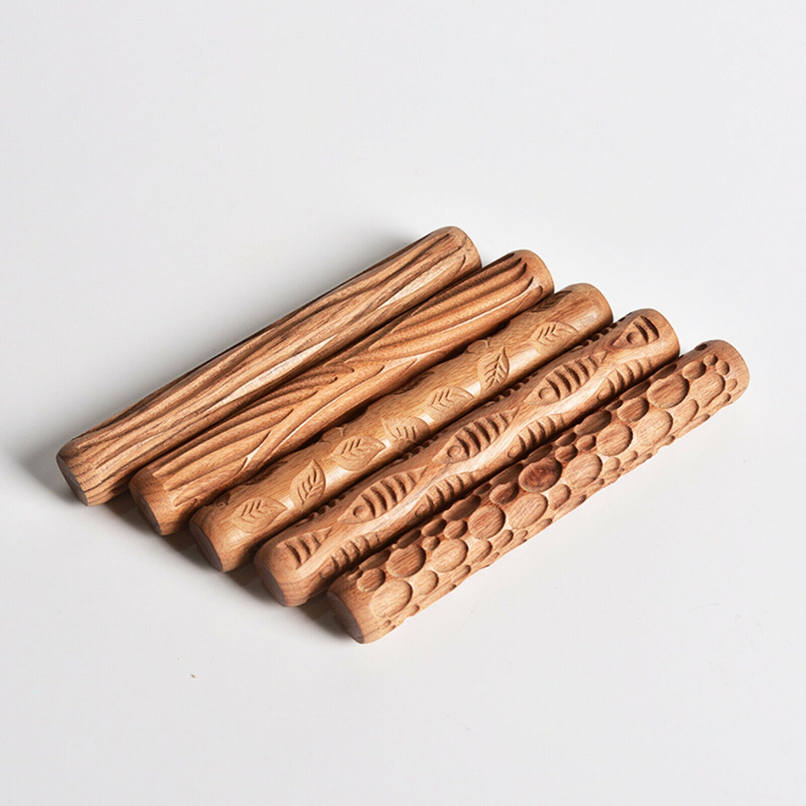 5x Wooden Pottery Pattern Roller Cobblestone Clay Modeling Textured Handle