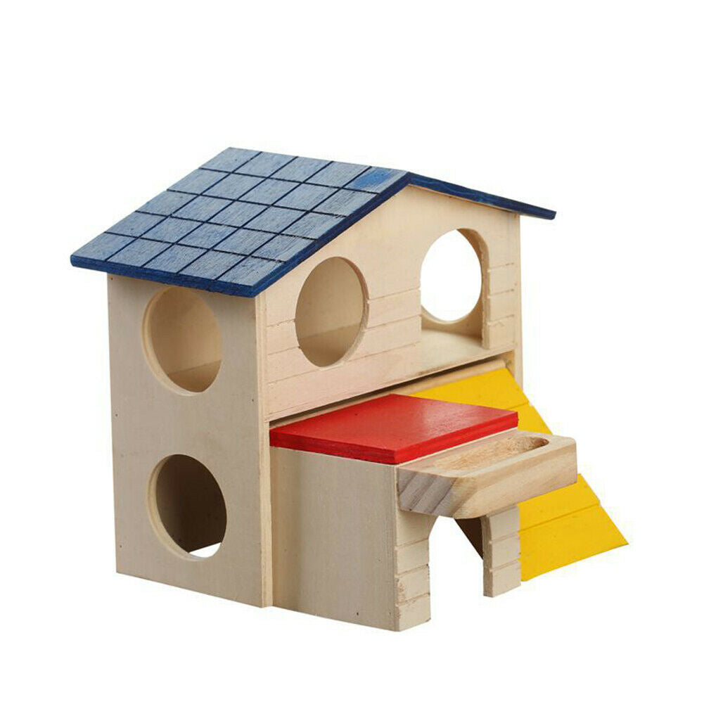 Cute Hamster Double Layer Cabin Wooden Small Animal Climbing Hideout Nest @