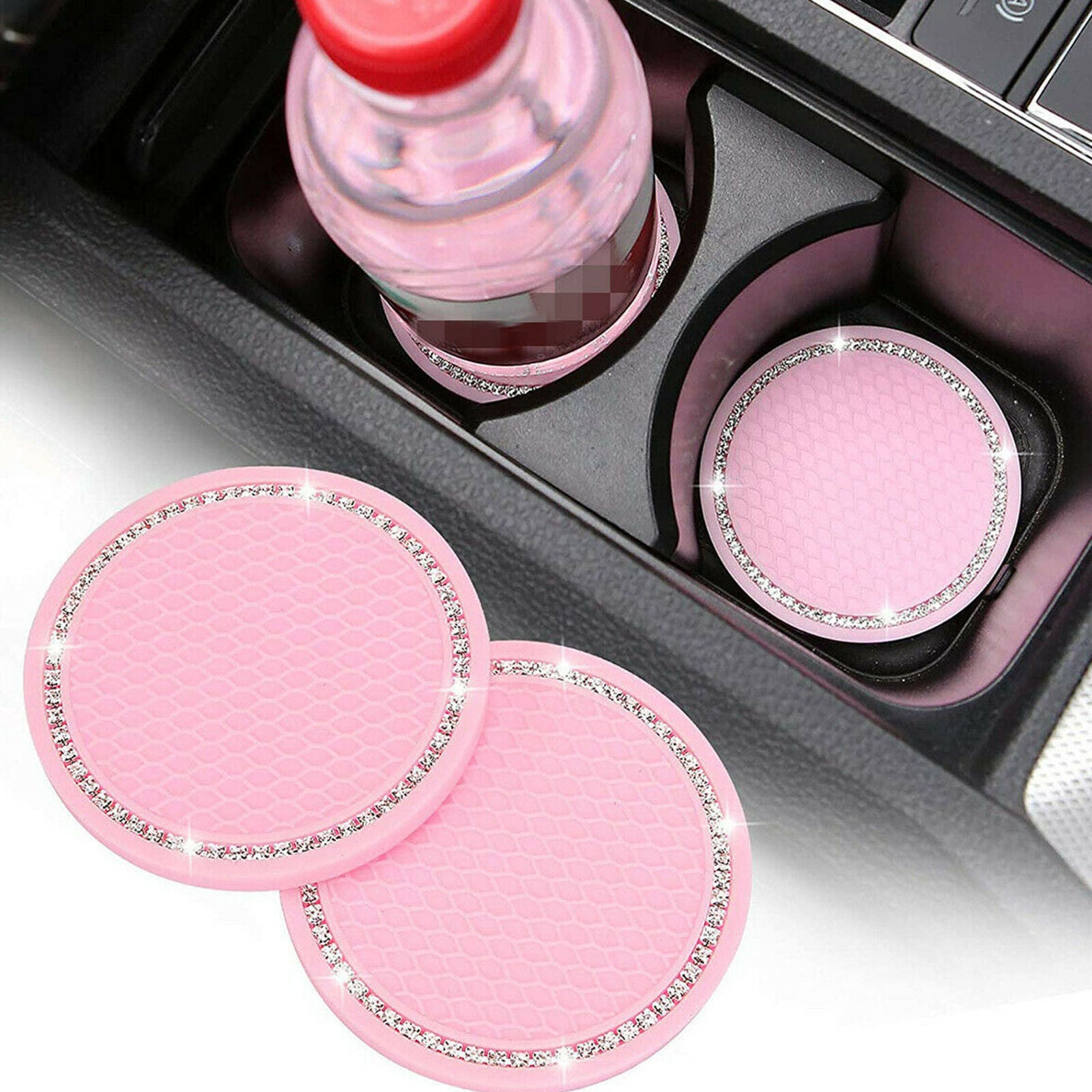 Car Accessories For Women Pink Bling Rhinestone Cup Holder Insert Coaster 2PCS