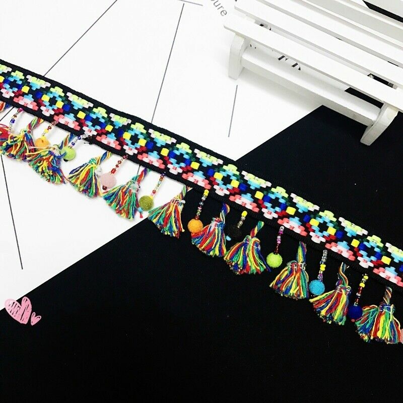 New Ethnic Trimming Boho Bohemian Tassel Fringe Beaded Pom Pom Edging DIY Sewing
