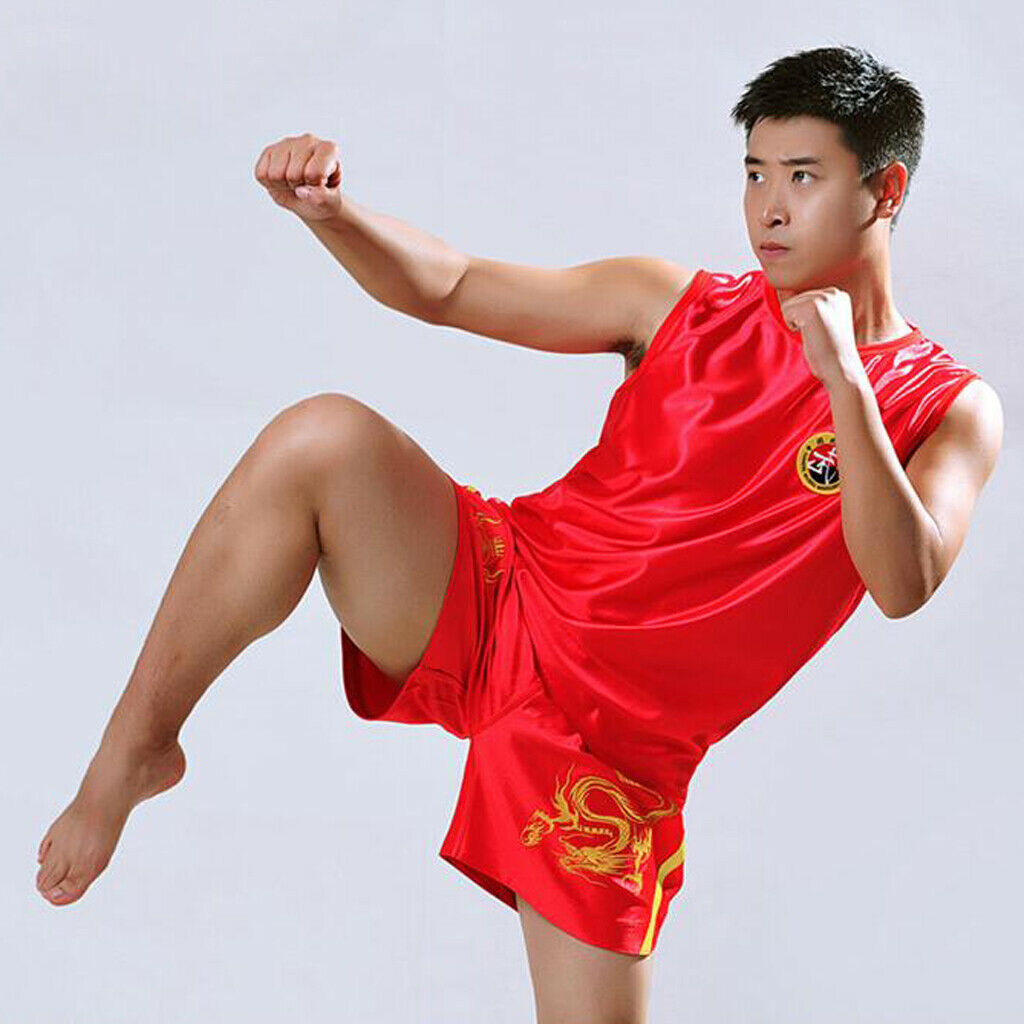Boxing Martial Arts MMA Clothes Dragon Embroidered Uniform Shorts Red XL