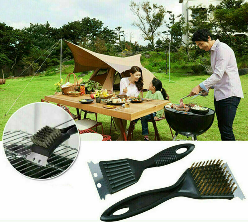 Barbeque BBQ Grill Brush Brass Bristles & Scraper Tool Long Handle Cooking Newly