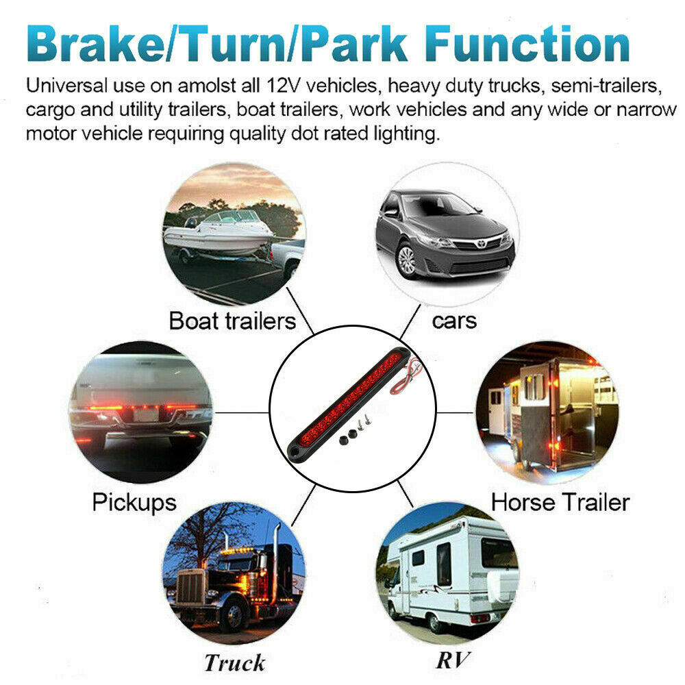 25CM 15 LED Red Sealed Trailer Truck RV Stop Tail Rear Brake Turn Light Bar