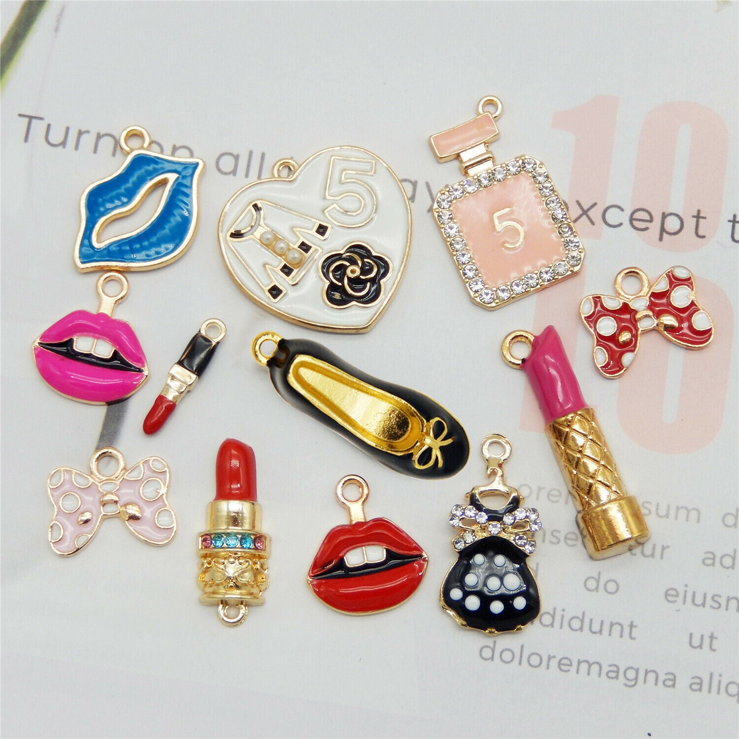 12pcs Alloy Enamel Cosmetic Lipstick Kiss Bag Pendant Charms DIY Accessories