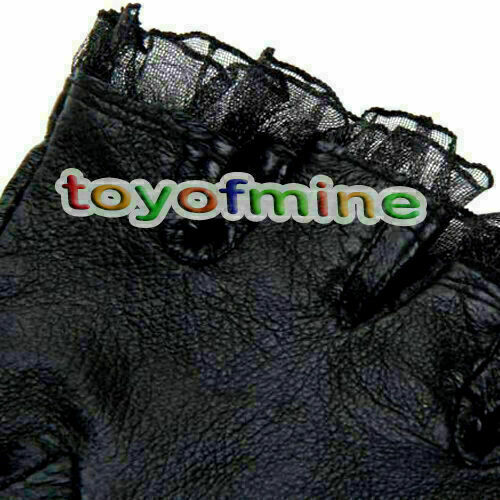 Gothic Punk Women's Lambskin Leather Lace Trim Straps Fingerless Gloves Black