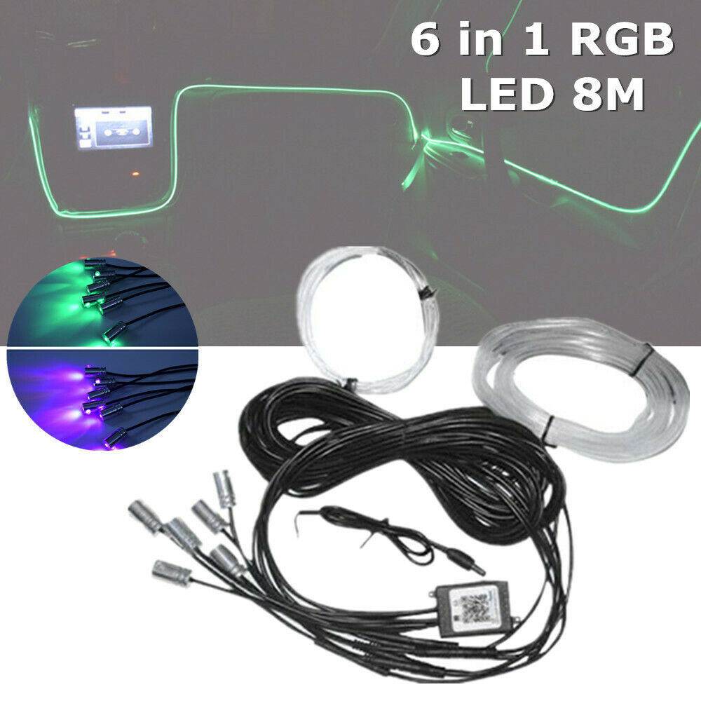6in1 RGB LED 8M Fiber Car Neon EL Strip Light bluetooth APP Remote Sound Effect