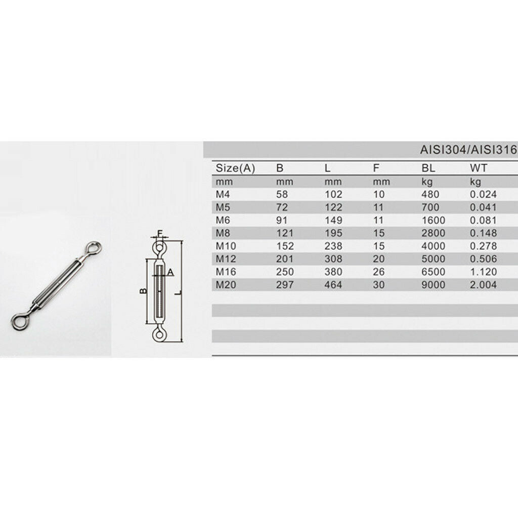 2x  304 Stainless Steel Turnbuckle Rope Hook Eye Rigging Screw Polished