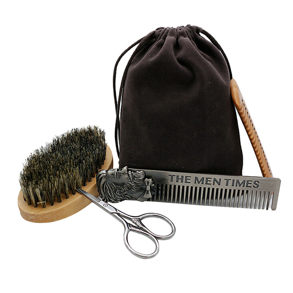 Wide Tooth Comb Set for Beard Mustache + Artificial Brush 4 Pieces