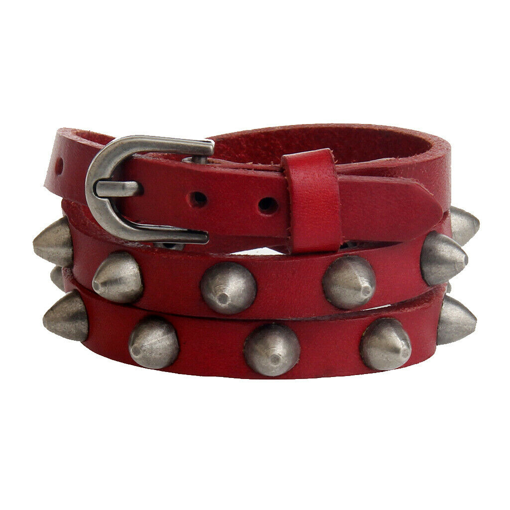 Multi-layer Bucket Nail PU Leather Bracelet River Belt Strap Bangle Red