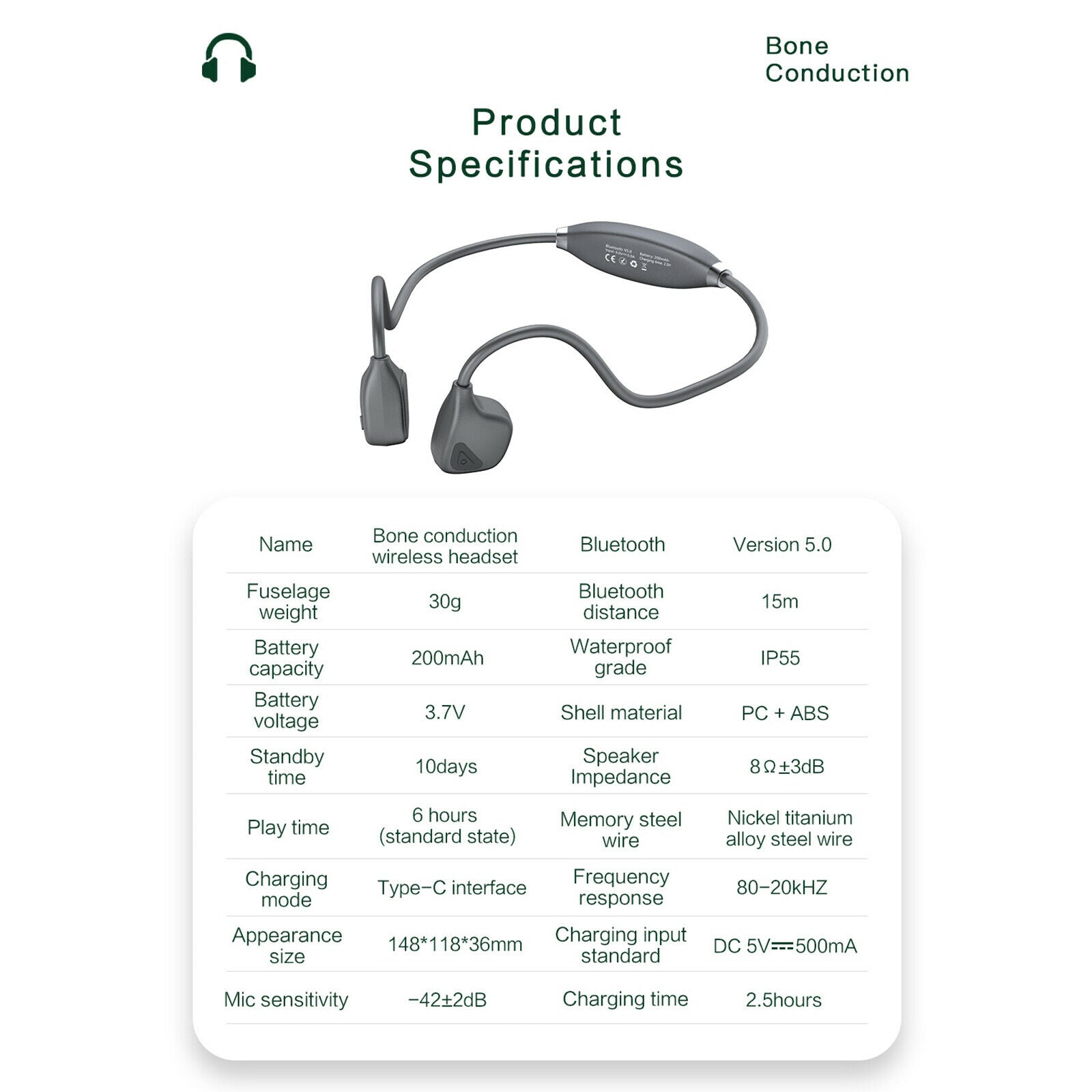 IP55 Waterproof Running Bone Conduction Headphone Headset Sport Earphones