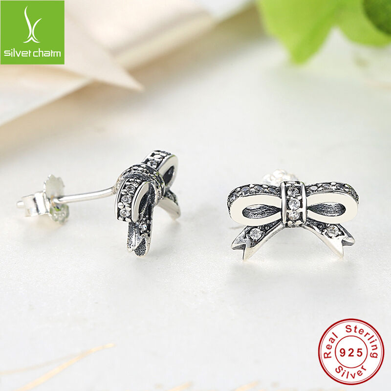 925 Sterling Sparkling Bow Stud Earrings With Clear CZ For Women Fashion Jewelry