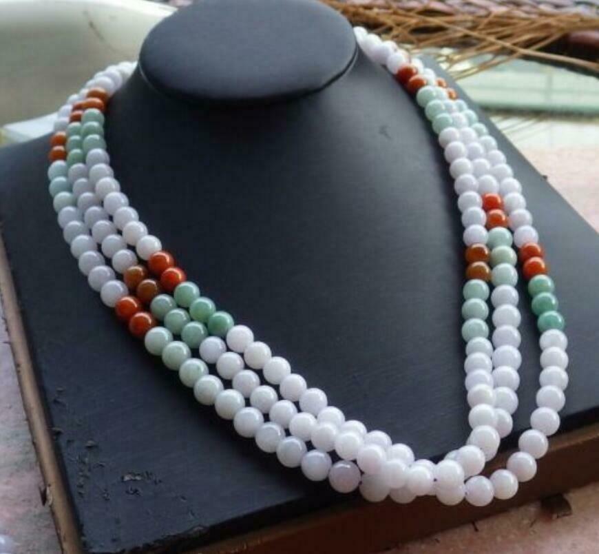 1pcs Certified Natural 8MM 3 Color A JADE Jadeite Round Beads Necklace 20"