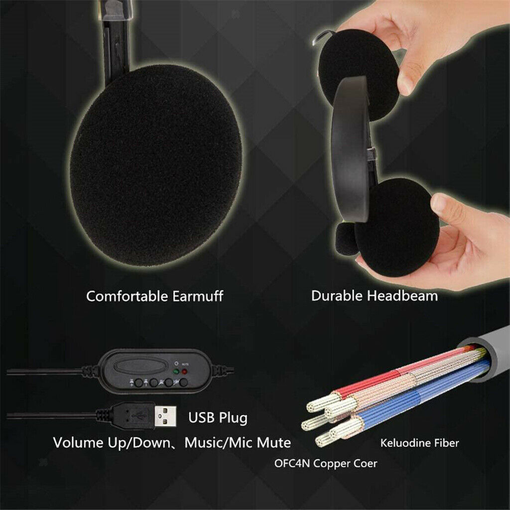 USB Headset Wired with Microphone MIC Computer Headphones for Call PC Laptop