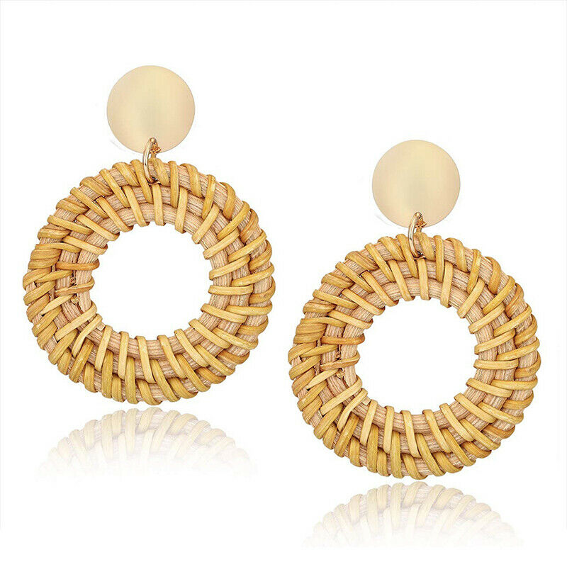 Korea Bamboo Wooden Straw Weave Rattan Knit Vine Circle Earrings for Wom.l8