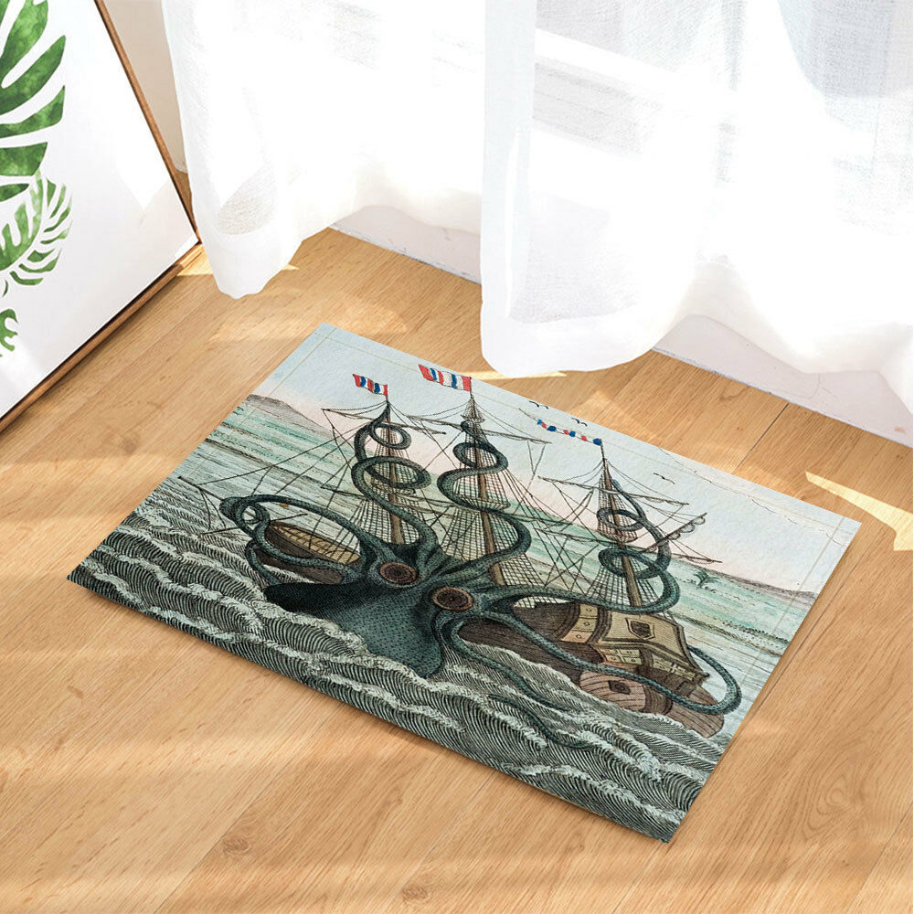 Kraken Bath Mat Octopus and Boat Bathroom Rug Non-Slip Floor Door Mat 16x24"