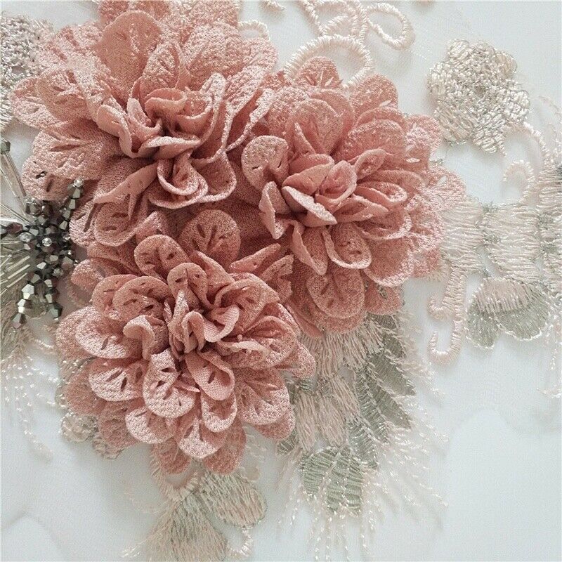 Embroidered Floral Patch Applique Beaded Lace for Wedding Dress Costume DIY New