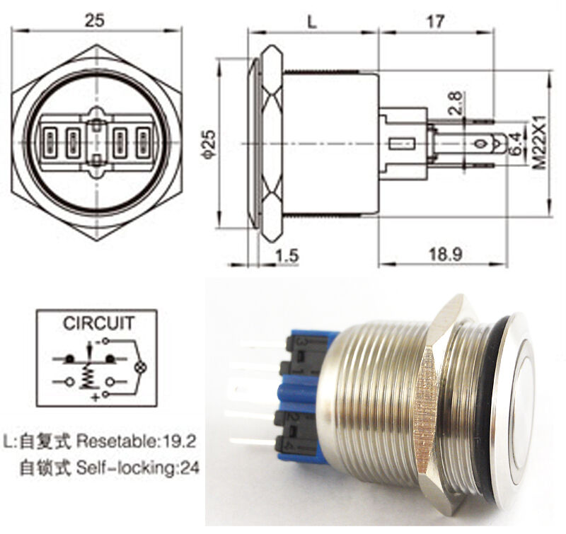 1pc Metal Flat Ring LED Push Button Waterproof Self-Locking Switch  22mm QN22-A1
