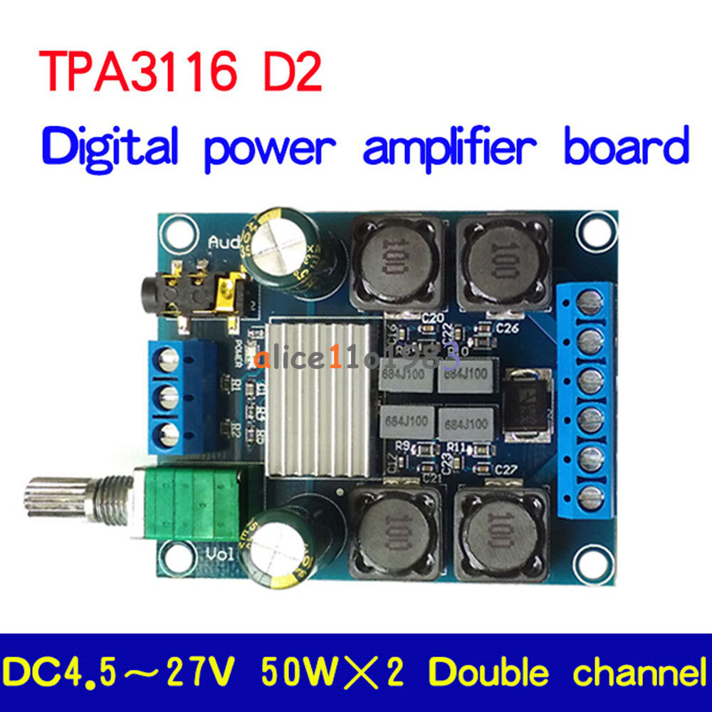 TPA3116 D2 50W+50W Dual Channel DC4.5-27V Digital Power Amplifier 50Wx2 Stereo