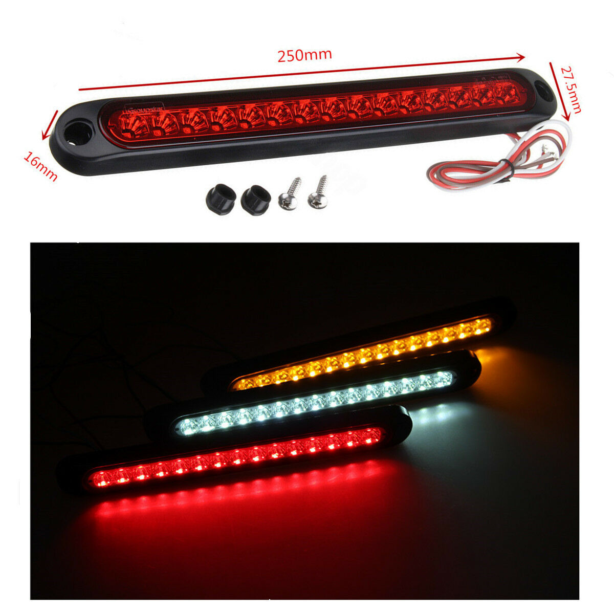 250x27.5x16mm Red Waterproof Car Trailer Truck LED Stop Tail Brake Light 10-30V
