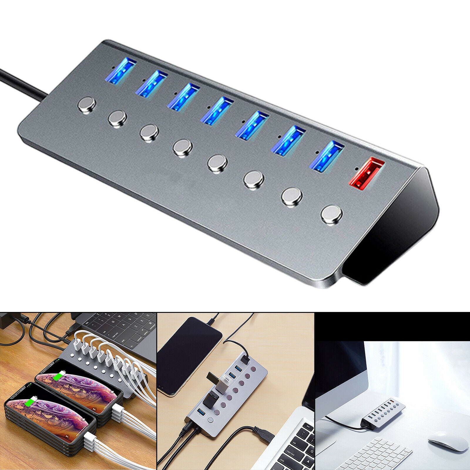 Powered 8-Ports USB 3.0 Hub USB Splitter 7 USB Data Ports Laptop PC Mouse