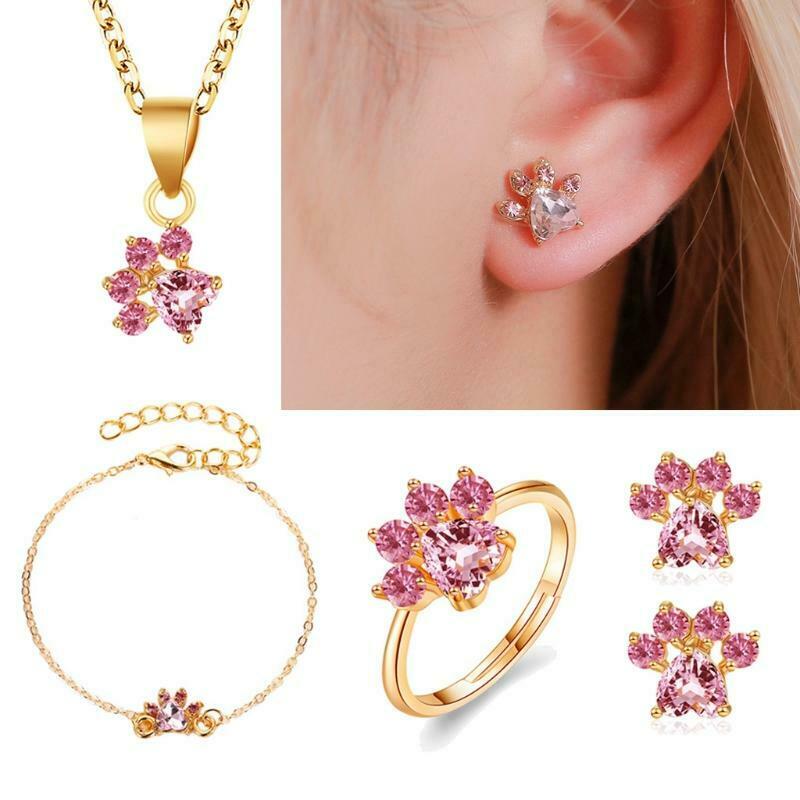 Pink Crystals Cat Paw Earrings Rings Pendant Bracelet Adjustable Pet Cat Jewerly