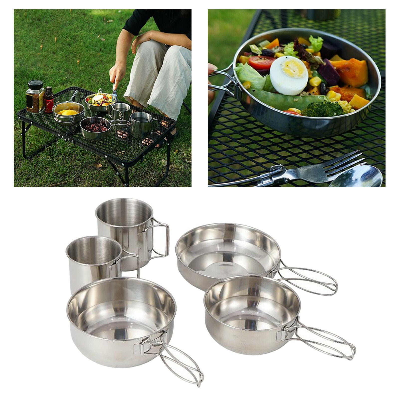 5Pcs Stainless Steel Tableware Mess Kit Includes Drink Cup & Bowl & Pan Pot for