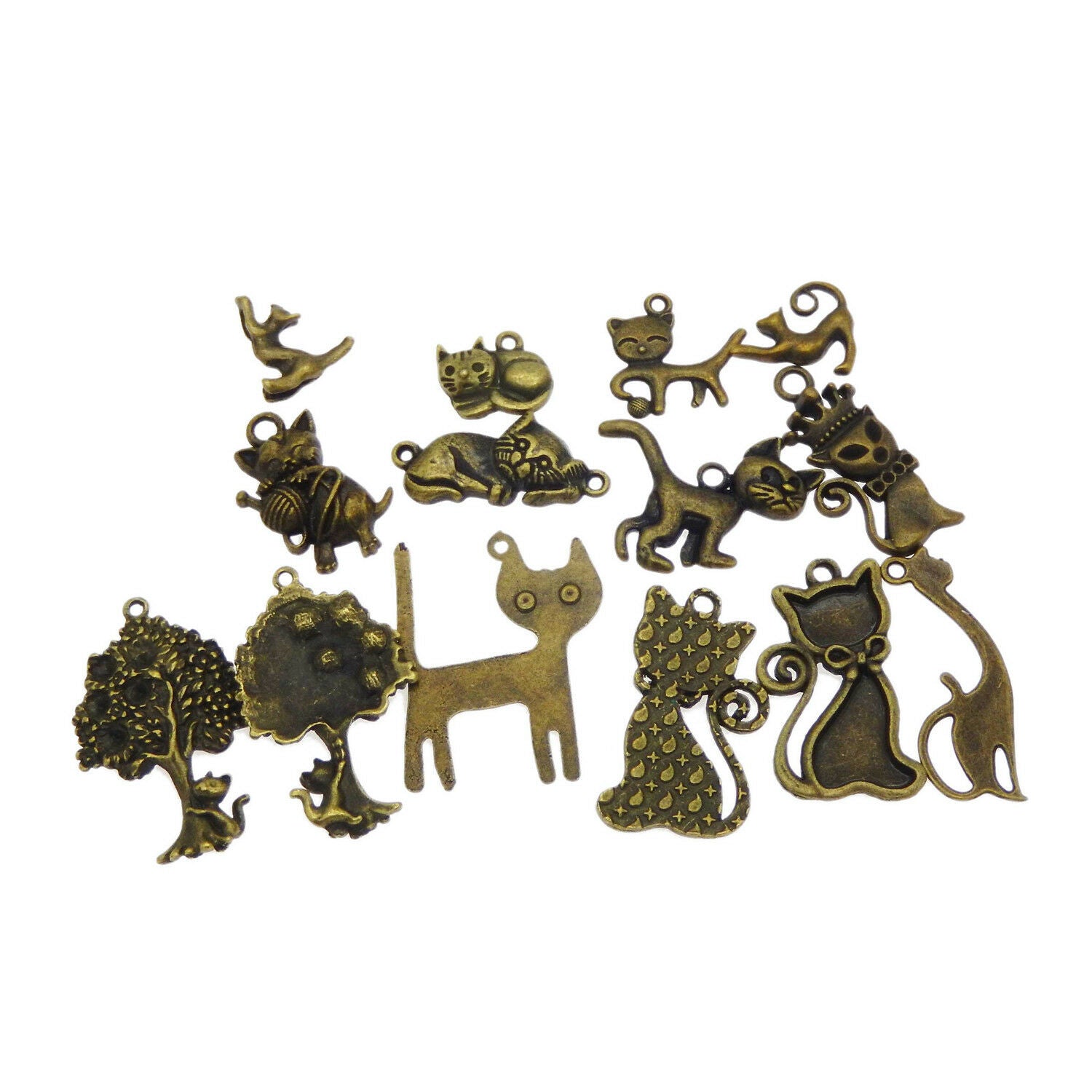 12 pcs Antiqued Bronze Metal Cats Charms Assorted Mix DIY Pendants Findings