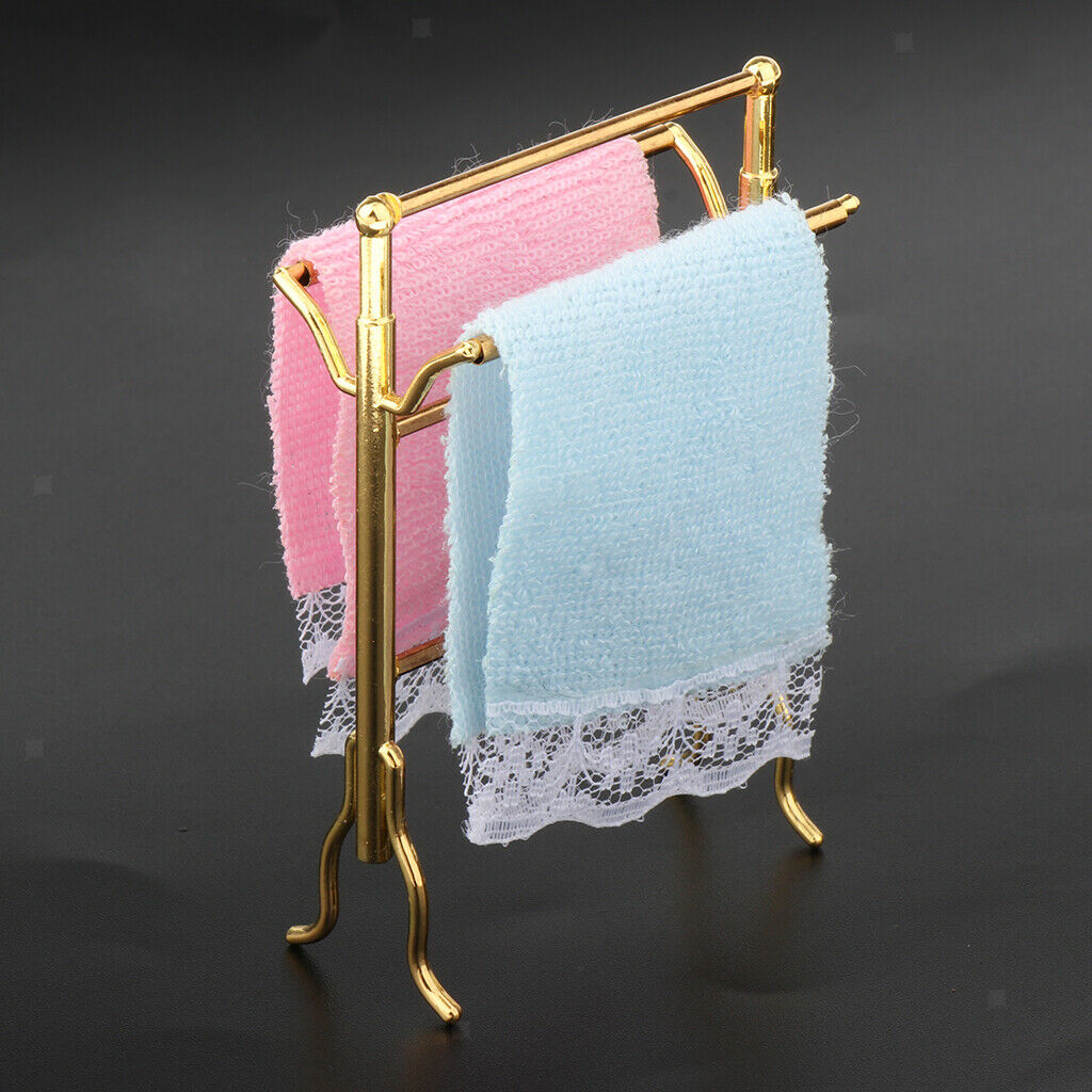 1:12 Scale Metal Free-Standing Hand Towel Drying Rack with 2 Towels for