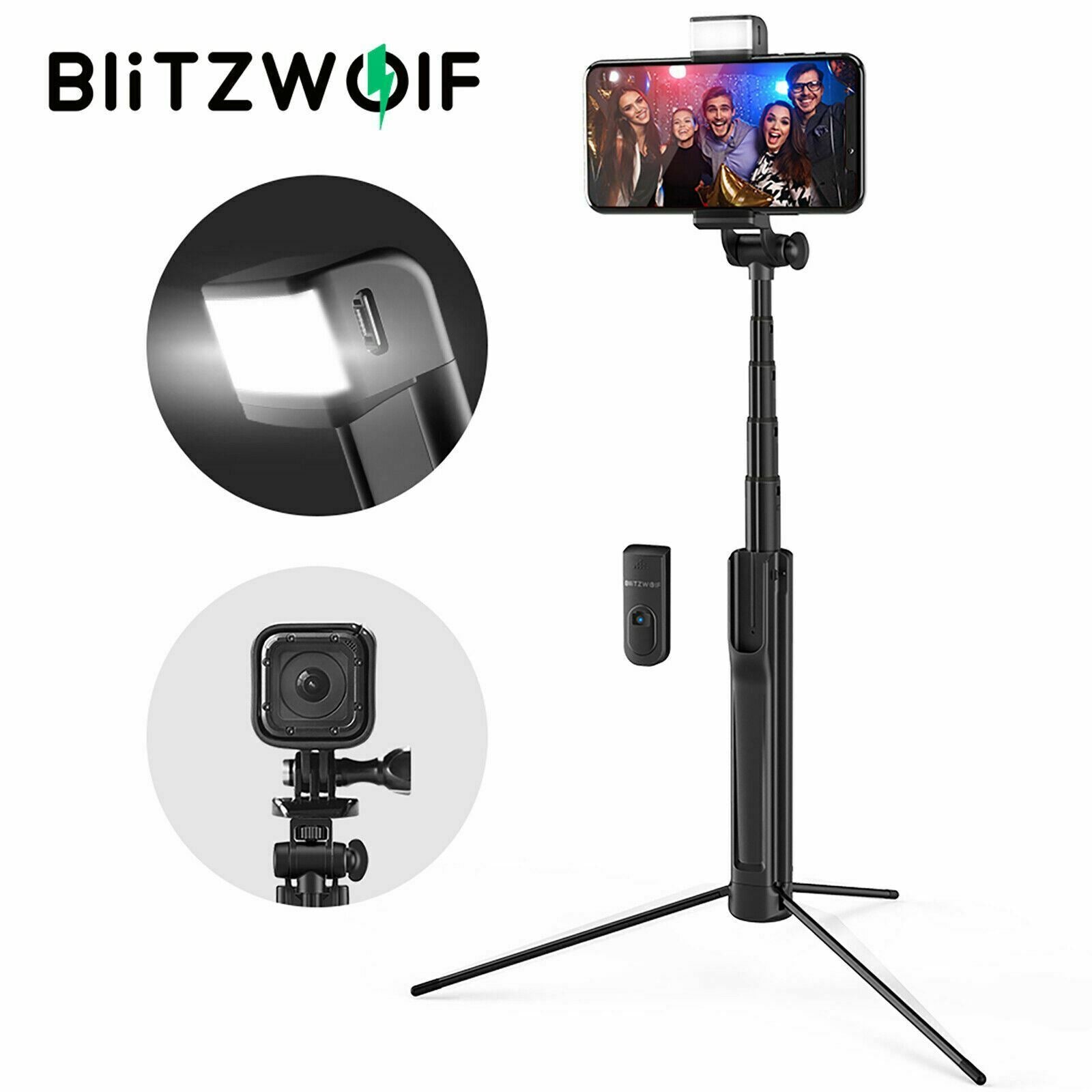 Blitzwolf BW-BS8 Wireless Bluetooth Tripod Selfie Stick + LED Flash Fill Light