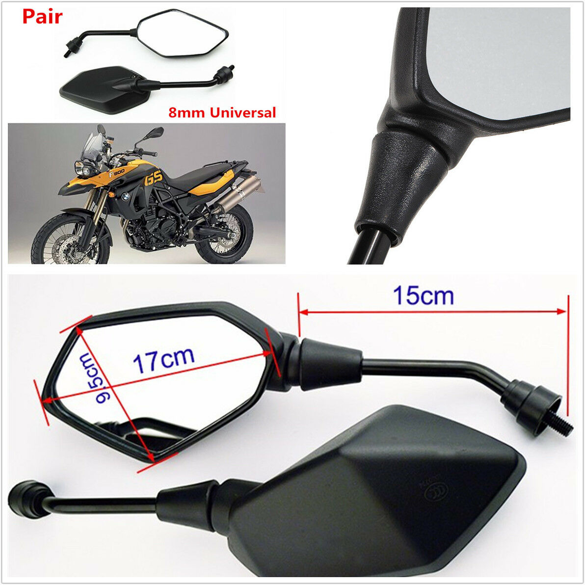 1 Pair Black Hexagon Motorcycle Rearview Side Mirror View Design 8mm Screw