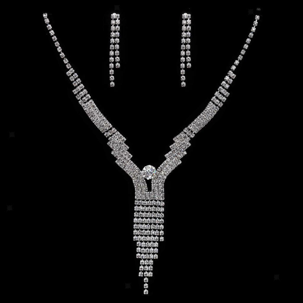 Ladies Rhinestone Tassel Necklace & Earrings Set Wedding Party Bridal Jewelry