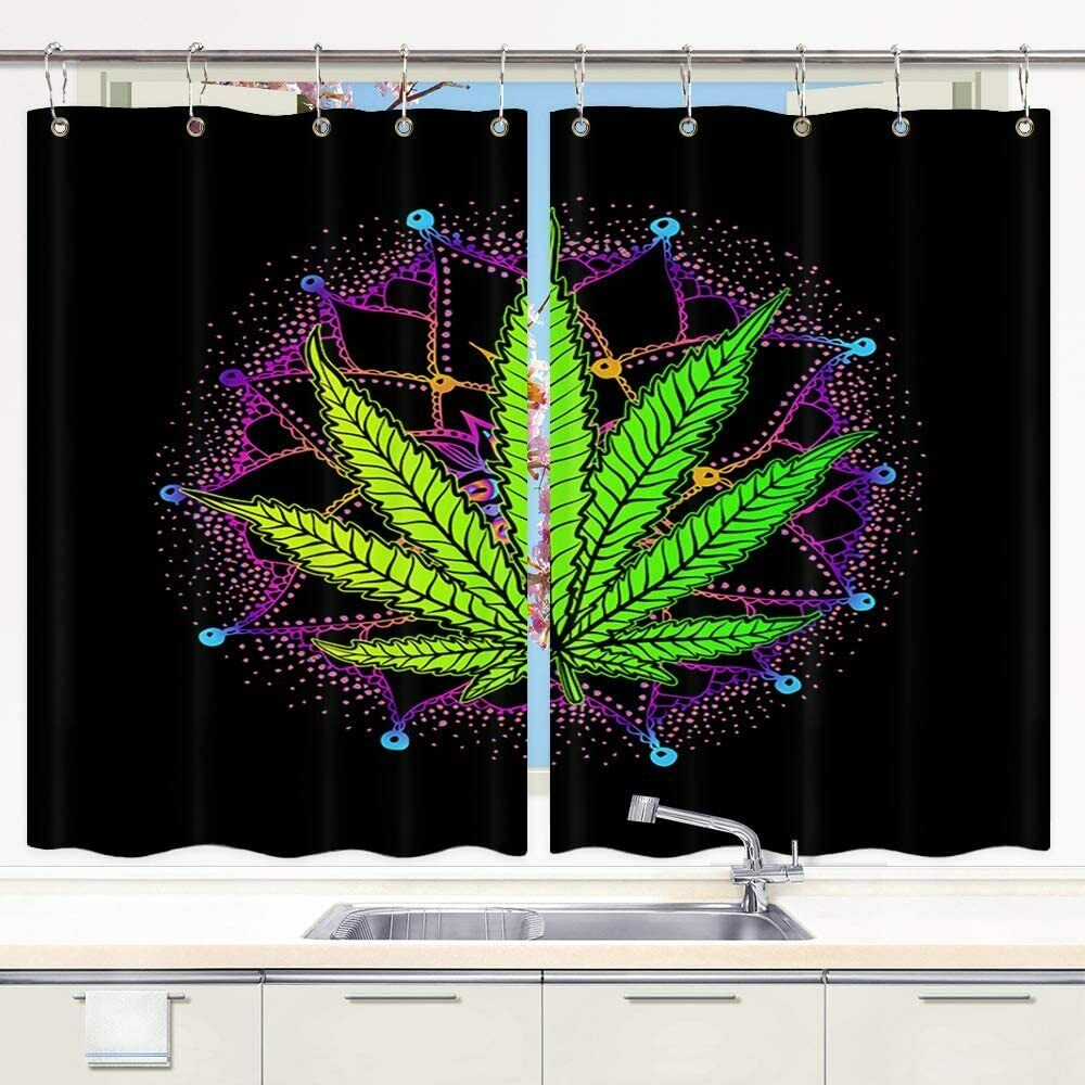 Trippy Marijuana Leaf Weed Kitchen Curtains Herb Cannabis Leaf Window Curtain