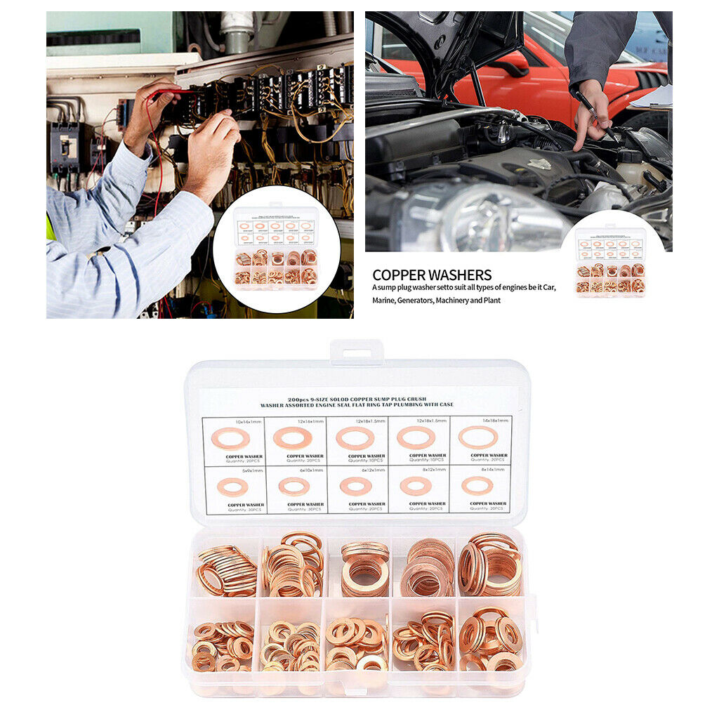 200xFlat Sealing Ring Assortment Kit M5-M14 Copper Flat Washers Sealing Ring