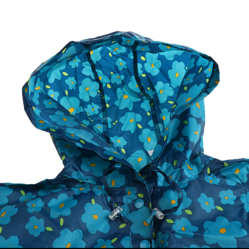Reusable Hooded Raincoat Packable Rain Cover Folding Raincape Blue Flower S