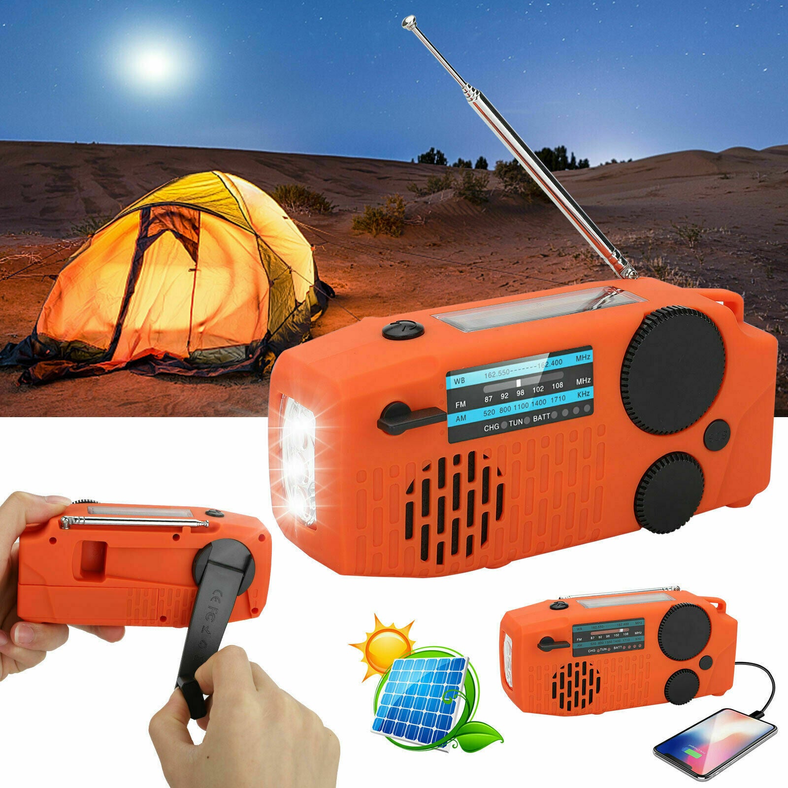 Solar Emergency AM/FM/NOAA Radio w/3 Weather Hand Crank  LED Fashlight SOS Alarm