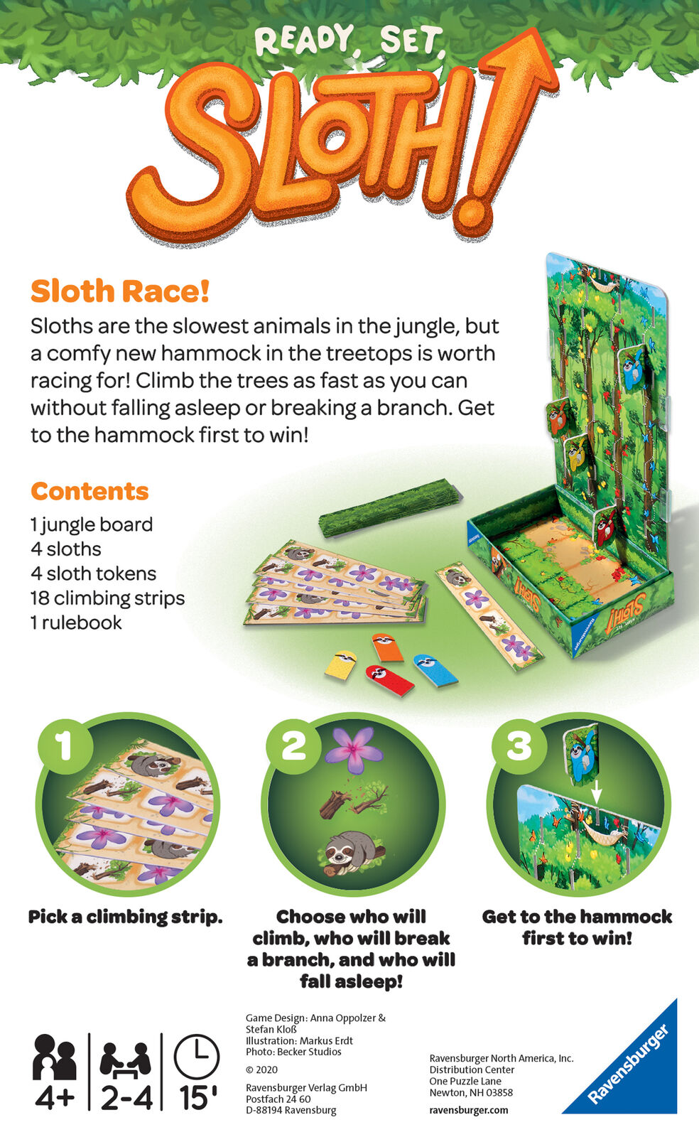 20577 Ravensburger Ready Steady Sloth Travel Game Children Kids Age 4 Years+