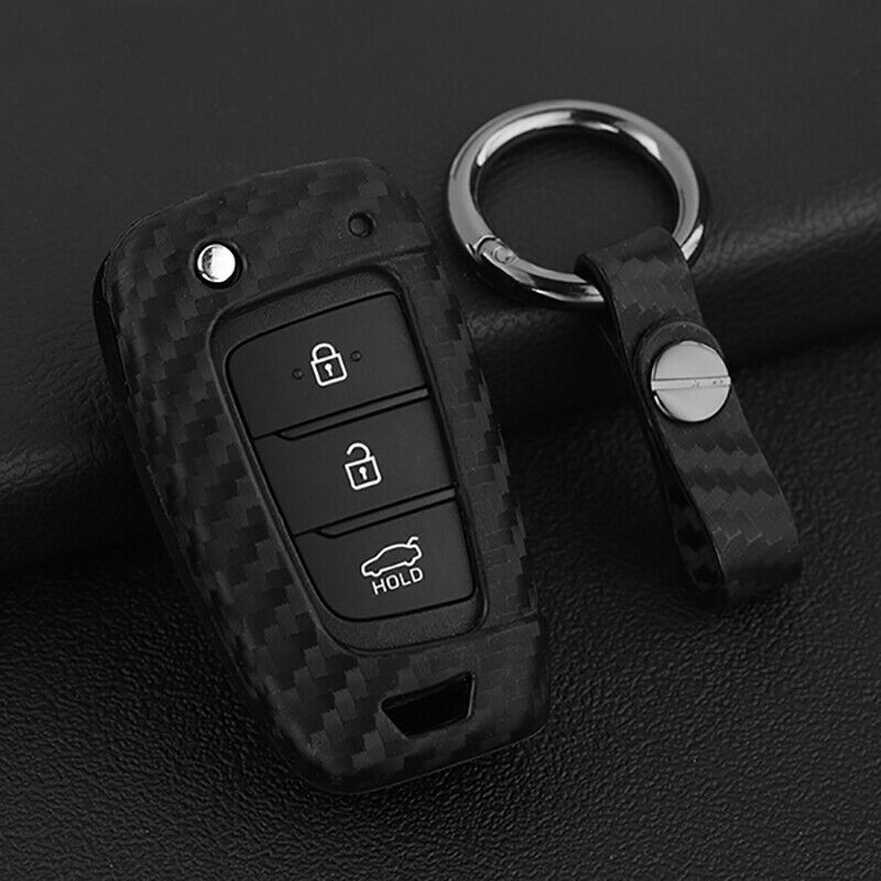 Carbon Fiber Key Fob Chain Cover Case Ring For Hyundai Accent Santa Fe Veloster