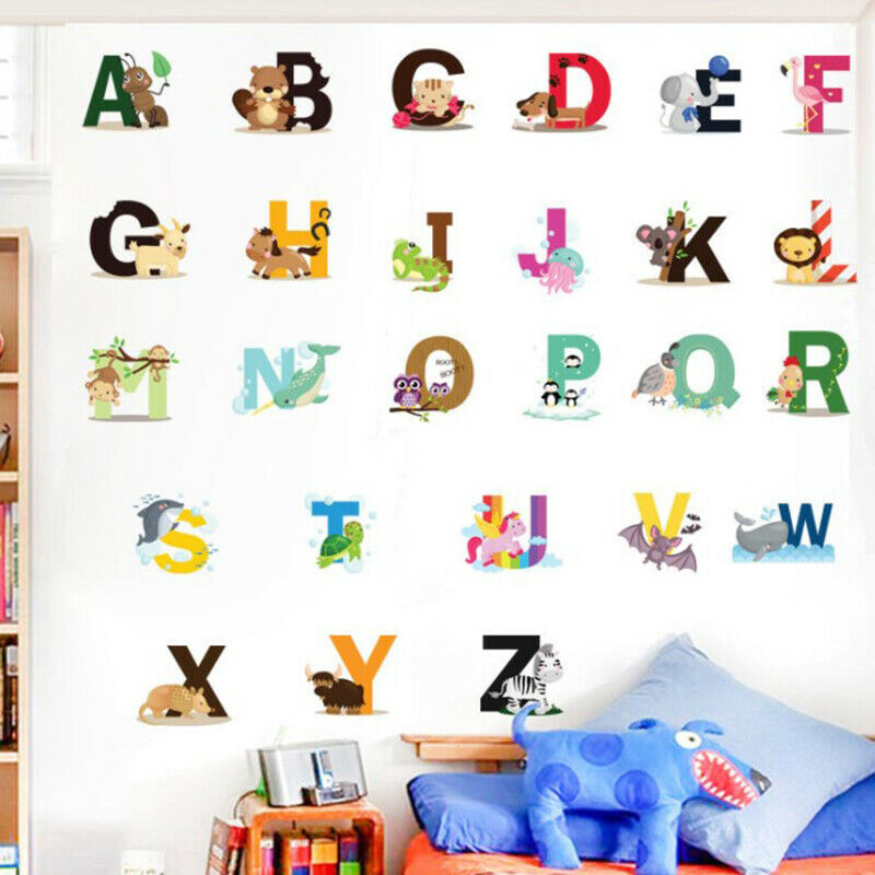 Cartoon Jungle Wild 26 Letters Alphabet Animals Wall Stickers for Kids Ro.l8