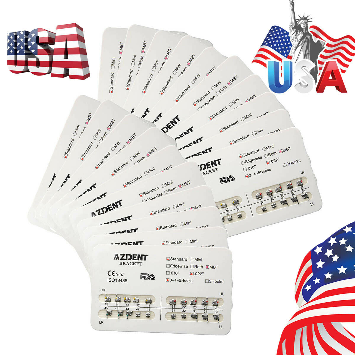 50XDental Ortho Brackets Standard MBT Slot 022 3 4 5 Hooks AZDENT USA