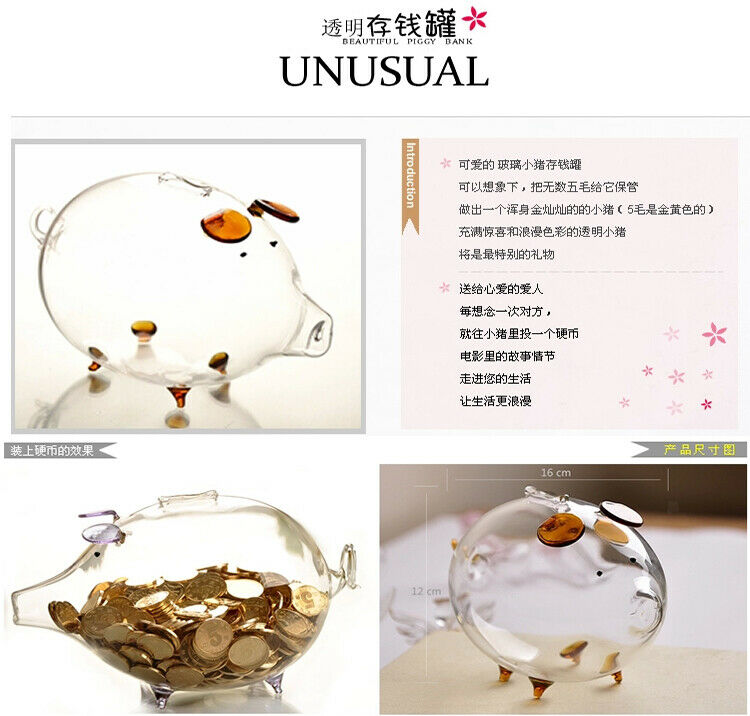Glass Piggy Bank Pig Money Box Saving Coins & Cash Chilren Saving Box Gift