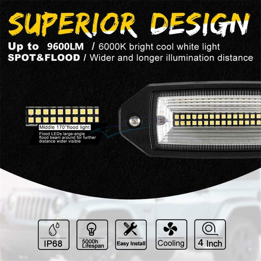 96W 9600LM 4'' Recessed Installation Floodlight Driving Off-road LED Light Bar
